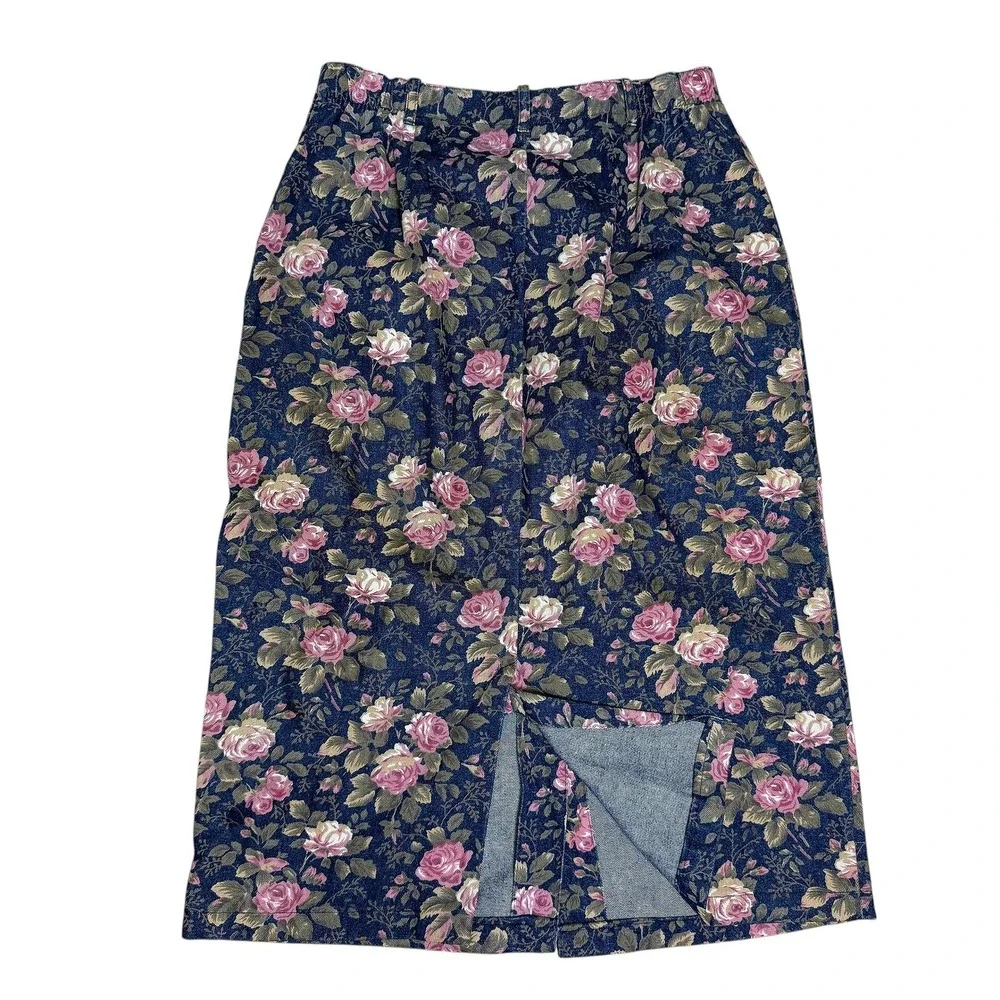 Orvis Floral Denim Jean Jacket Skirt Set Roses Button Up Y2K Cottagecore Grandma